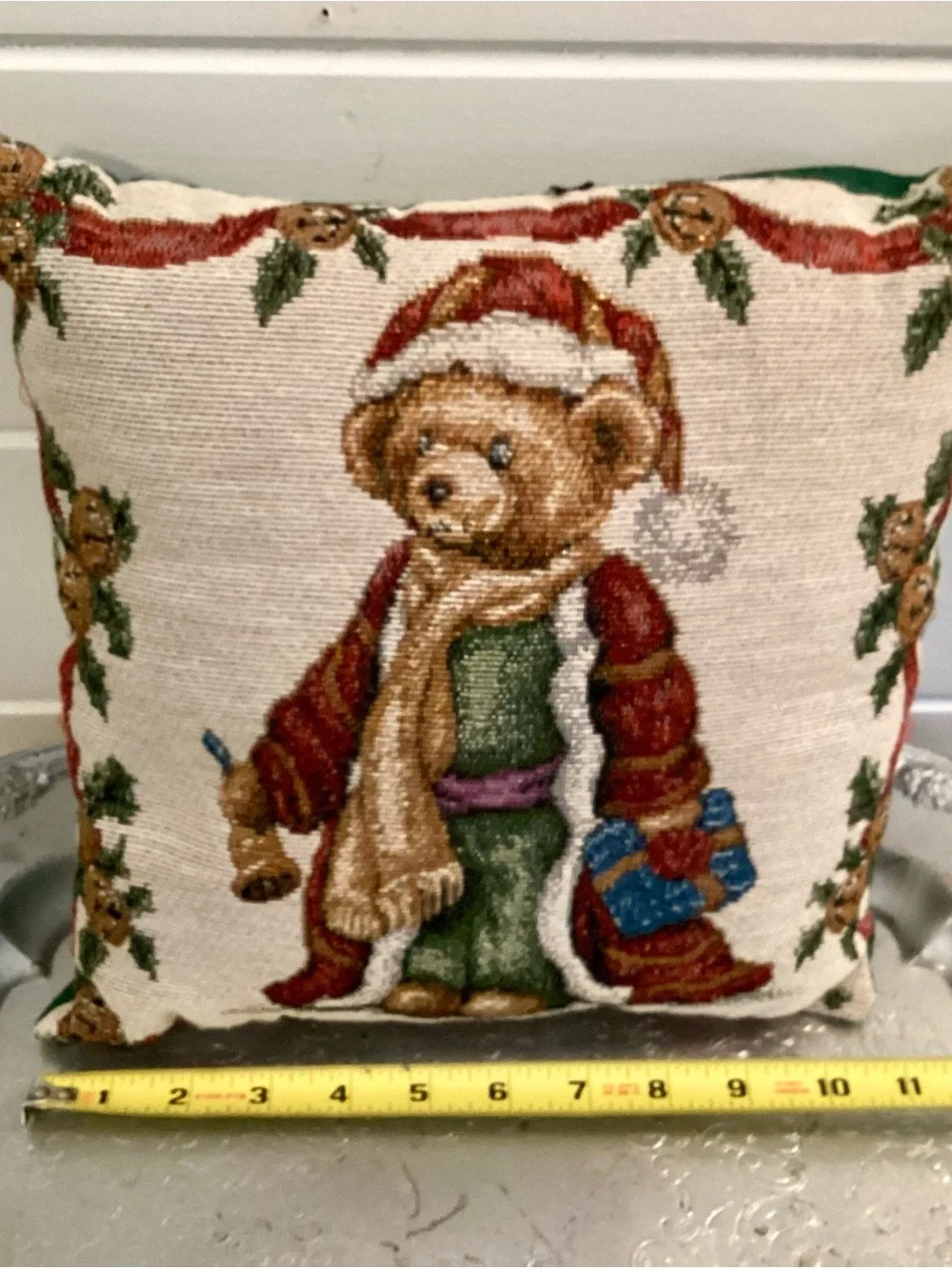 Vtg Christmas Tapestry Teddy Bear Pillow